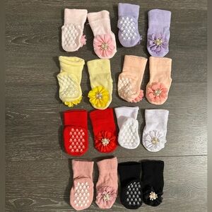 Colorful Baby Newborn Girl Non-Slip Socks Set with Decorative Flower